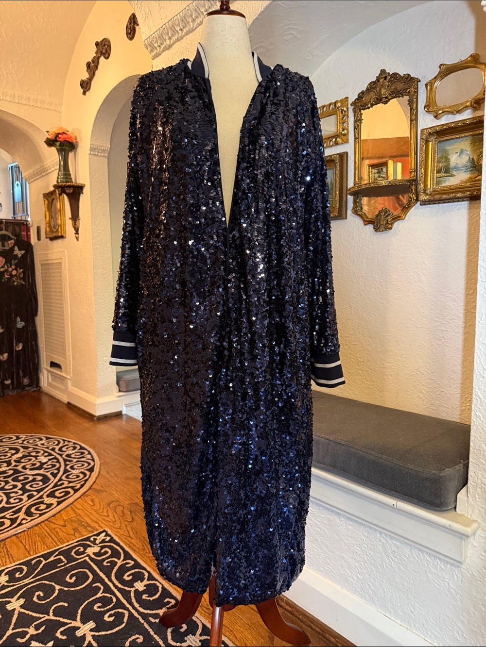 Johnny Was Navy Sequin Cardigan with Shimmer and silver stripe trim.